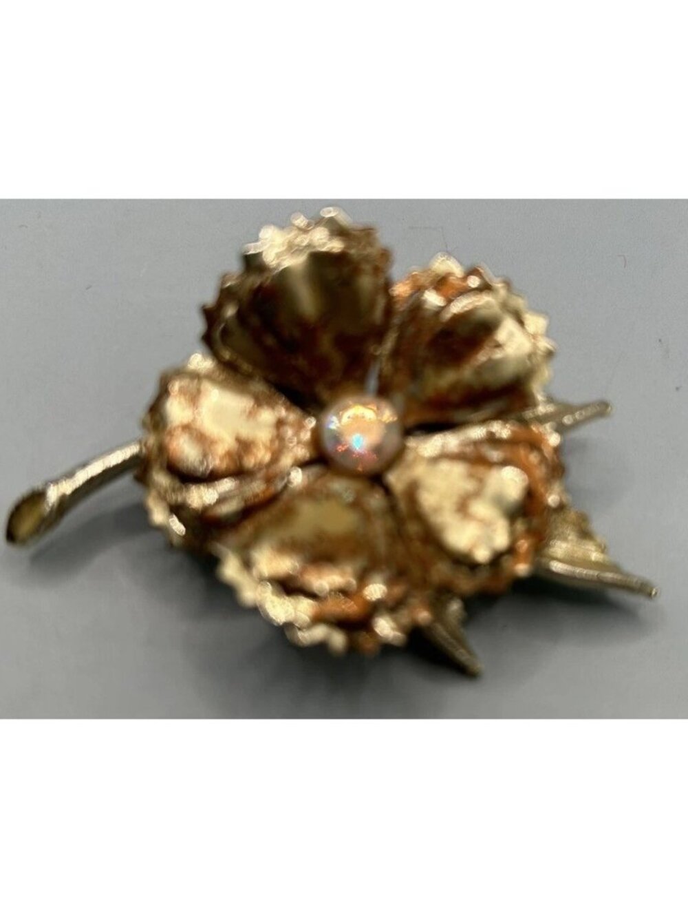 Vtg Layered Gold Tone Jagged Edge Rhinestone Floral Flower Pin Brooch